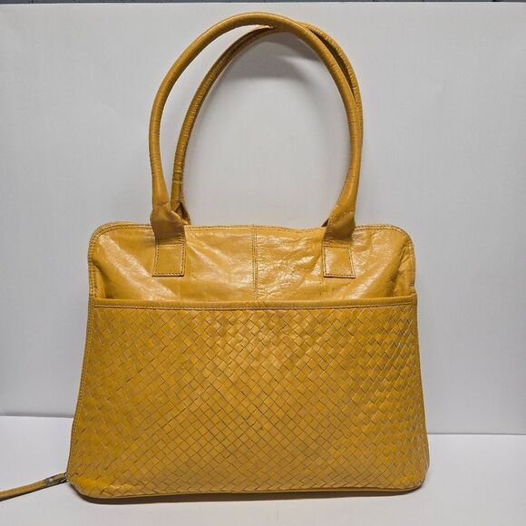 LATICO Yellow Leather Business Tote Boho Bag Braided Front - Picture 1 of 9